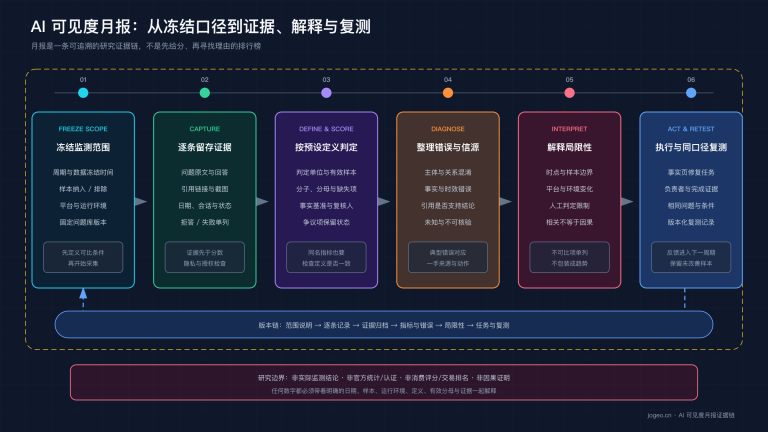 AI 可见度月报证据链:冻结范围、留存回答与信源、按定义计算、解释边界并同口径复测