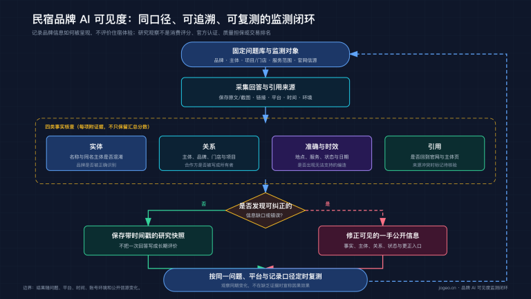 民宿品牌 AI 可见度监测闭环:固定问题、记录信源、检查主体与准确度、补充公开资料并按相同口径复测
